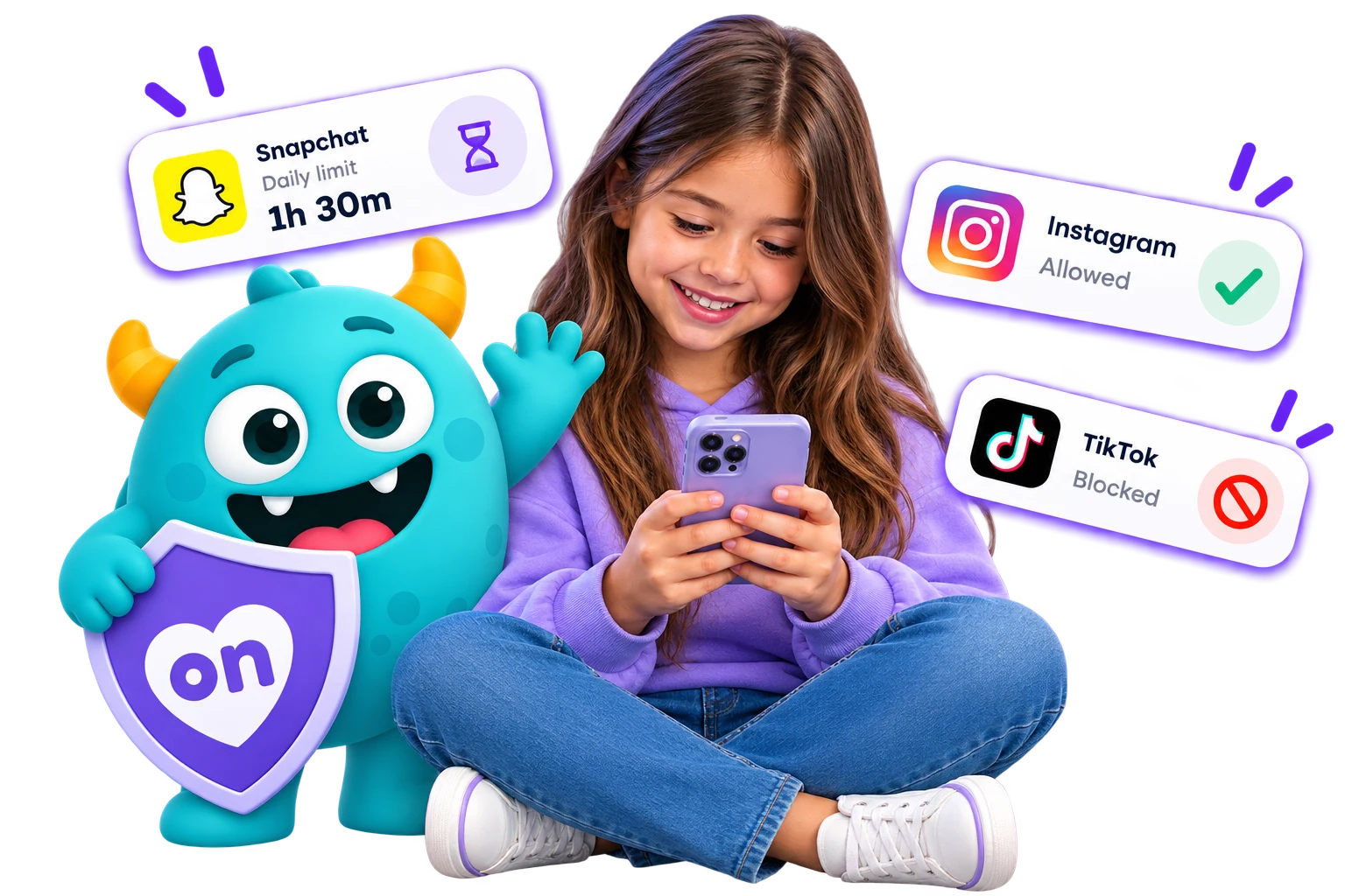 A girl looking at her phone with the KeepOn mascot, showing example app statuses for Snapchat, Instagram and TikTok