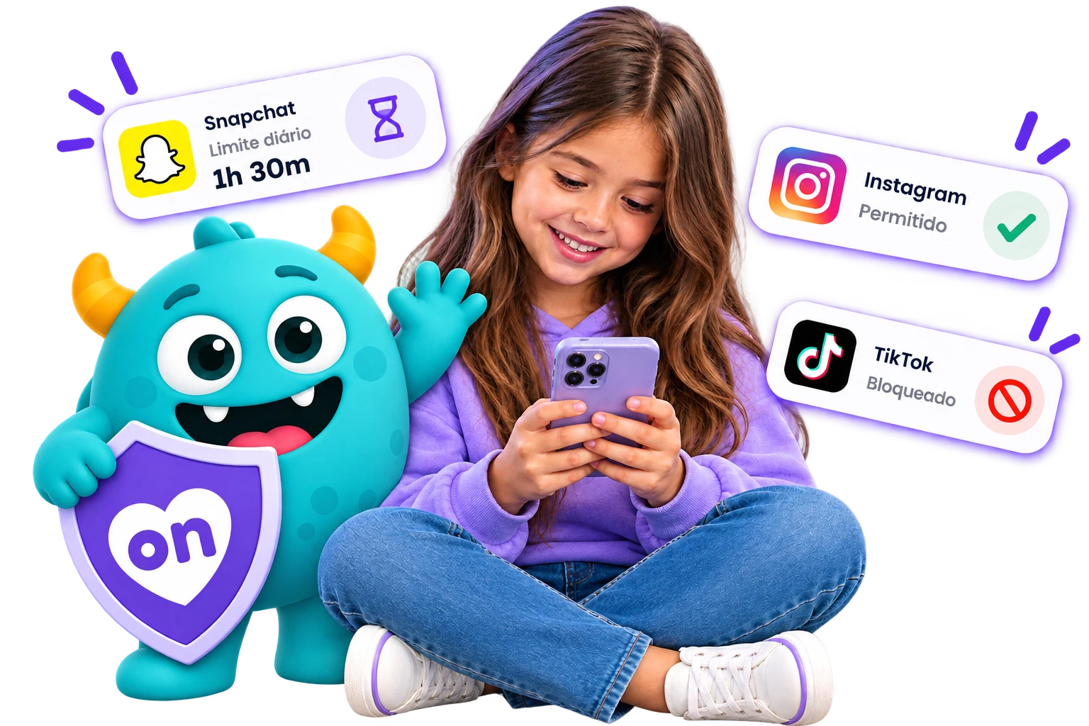 Uma menina olhando para o celular com o mascote da KeepOn, mostrando exemplos de status de aplicativos para Snapchat, Instagram e TikTok