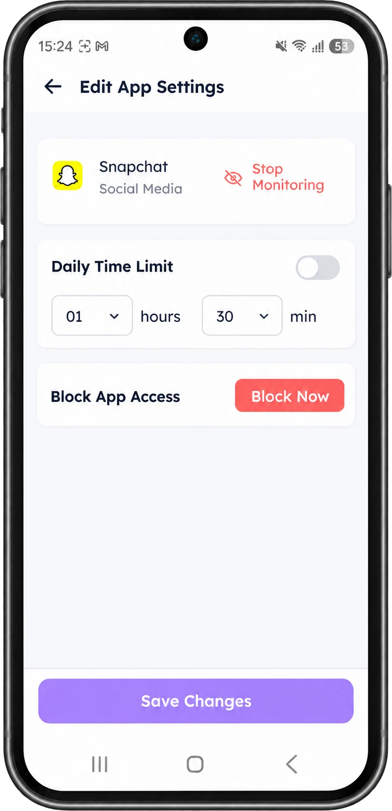 KeepOn Guardian Edit App Settings screen for Snapchat, showing a daily time limit of 1 hour 30 minutes and a Block App Access option