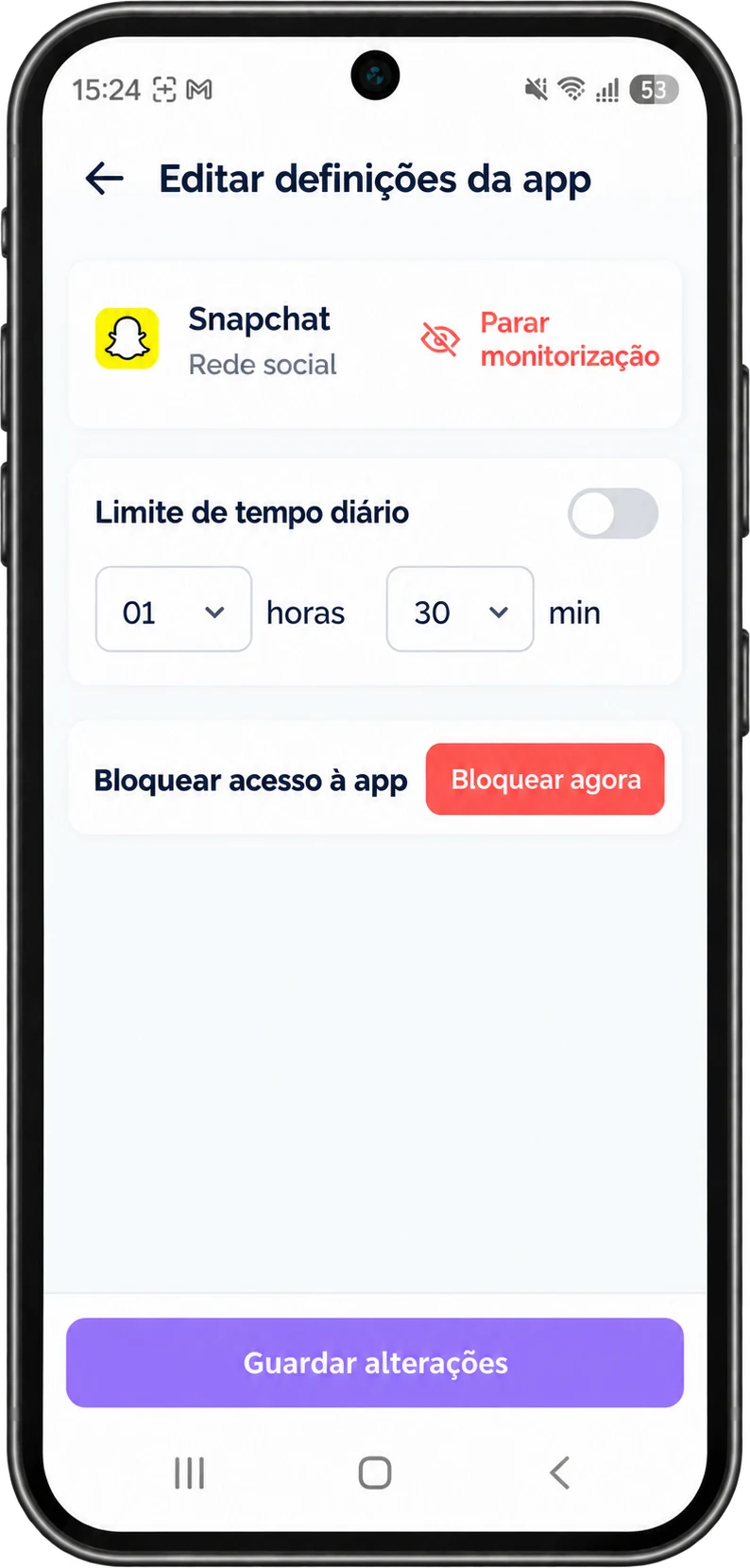 Tela Editar Configurações do App do KeepOn Guardian para o Snapchat, mostrando um limite diário de 1 hora e 30 minutos e uma opção para bloquear o acesso ao app