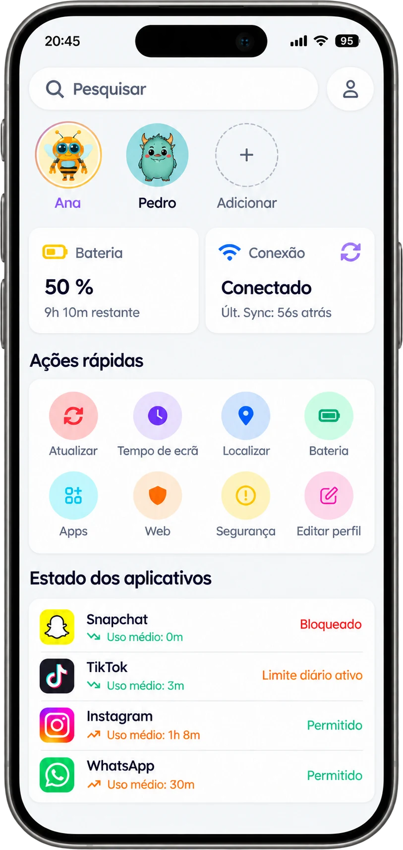 Tela de status de aplicativos do KeepOn Guardian mostrando o Snapchat com um limite diário, o TikTok bloqueado e o Instagram e o WhatsApp permitidos