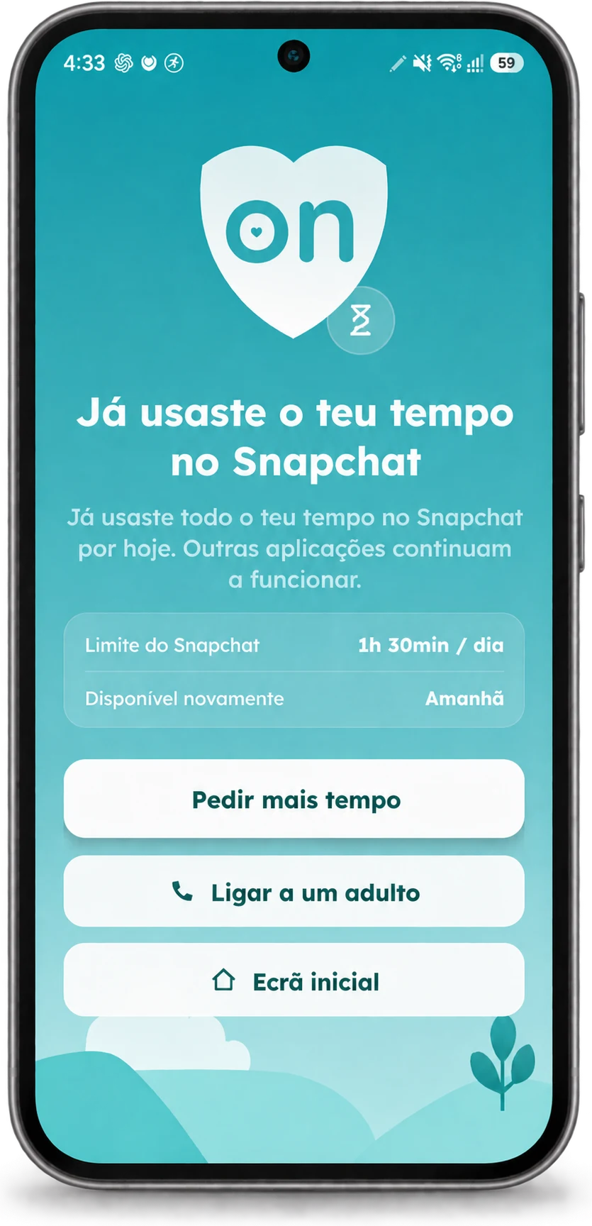 Tela do KeepOn Kids mostrando que o limite de tempo de hoje para o Snapchat foi atingido, com opções para pedir mais tempo, ligar para um adulto ou ir para a tela inicial