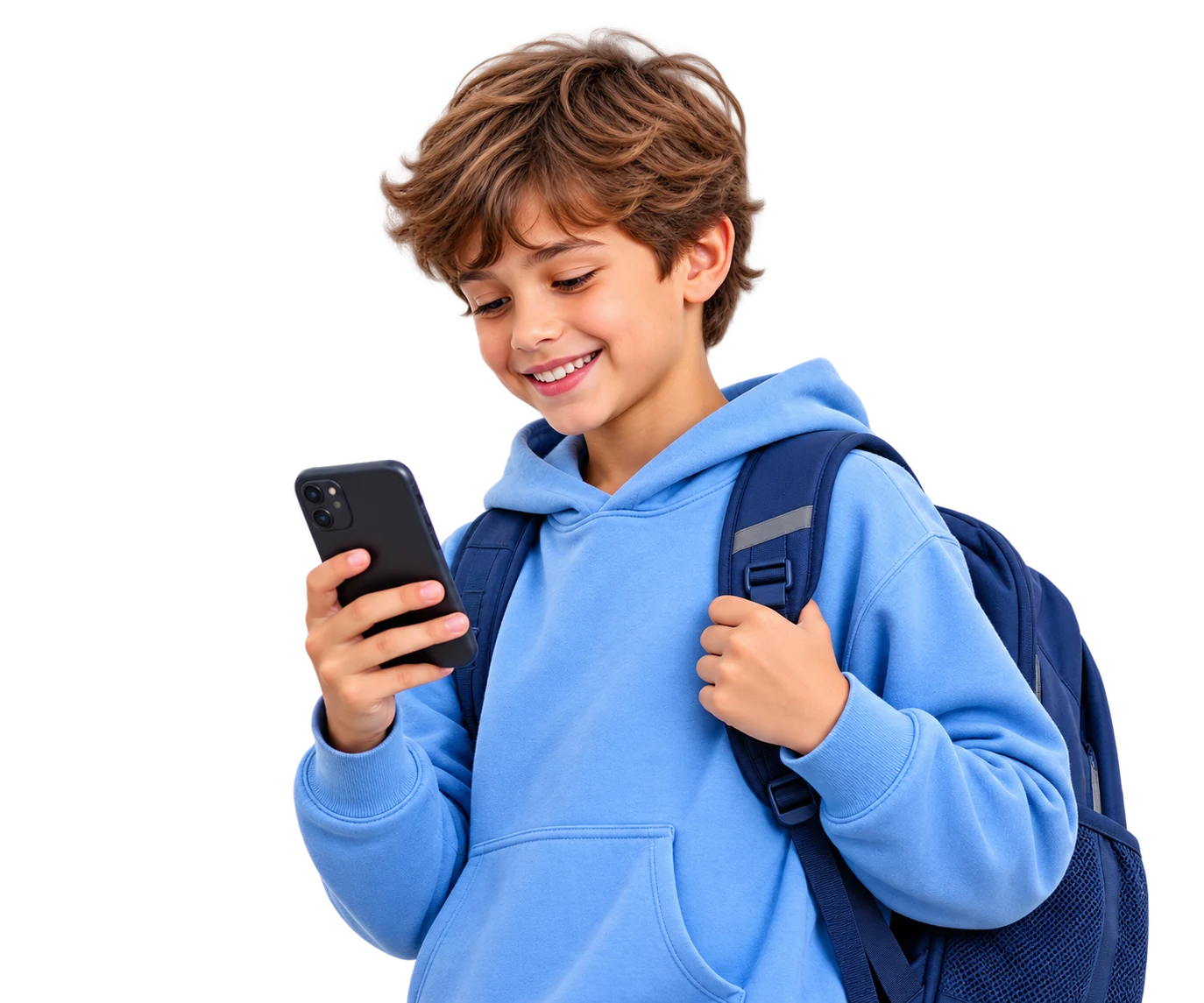 Um menino com uma mochila a olhar para o telemóvel