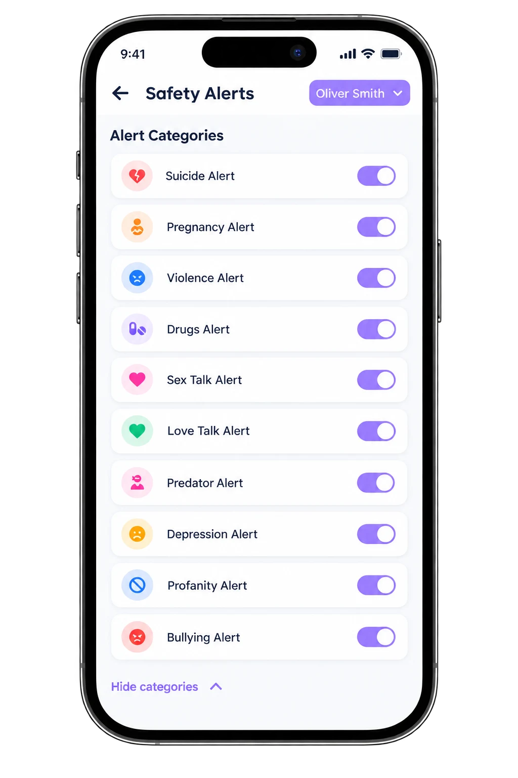 Tela de Alertas de Segurança do KeepOn Guardian com as categorias de alerta